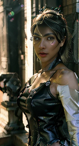 (Melhor qualidade), ((obra de arte), (Detalhe: 1.4), 3D, Uma linda mulher cyberpunk, HDR (high-range dynamics), rastreamento de raio, NVIDIA RTX, Super-resolution, Irreal 5, underground dispersal, Texturas PBR, Post-processing, Anisotropic filtering, profundidade de campo, Maximum Sharpness and Clarity, Texturas multicamadas, Albedo e mapas de destaque, Surface shading, Accurate simulation of light-material interactions, Perfect proportions, octane rendering, luz de duas cores, grande abertura, ISO baixo, White balance, rule of thirds, 8k cru, nudez, Fora do ombro, camisole vest, mini-saia, traje transparente, cintura aberta, mini-saia //, muito curto, grafites coloridos nos ombros,