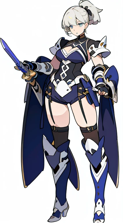 (((Best Quality))) , ((full body)), female, reference sheet, solo, (white background), holding sword, gauntlets, thigh high, bustier,