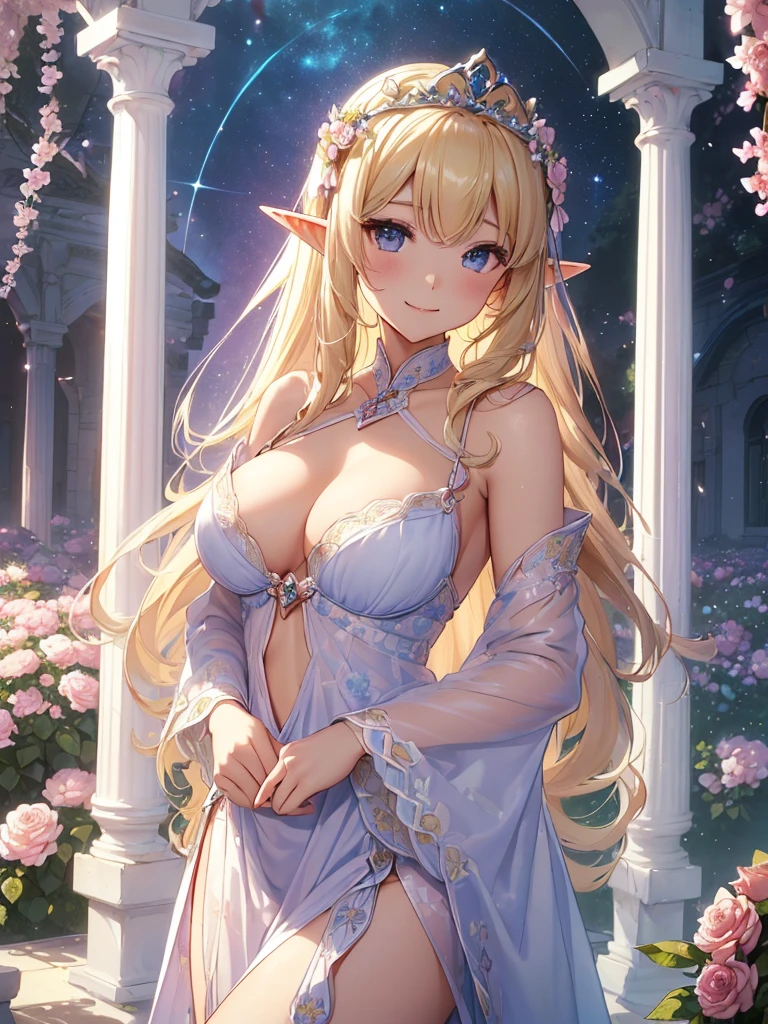 highest quality、Highest image quality、masterpiece、beautiful face、、Titania、Super beautiful elf beauty((22 years old OL big bust、bust 90,beautiful long ironed hair、blonde、Height: 165cm。slender、sexy、Esbian、beautiful tiara、night、High quality、美しいart、Beautiful bed、canopy、Sky curtain、muste piece、ビジュアルart、Depth of the bounds written、、elf ears、、Lightのmagic、universe、A happy smile、穏やかなLight、Elven Forest、cherry blossoms、、elegant、ticker beautiful decorative、marble columns、fresco、Mosaic floor、mystical　rosa、Rose、flower瓶、magicのflower、flowerを作るmagic、Light、　the sky、beautiful dressy、beautiful dresyth、ART、Lord of the Ring、spectacular scenery、sexy、friendly smile、Fantastic、cherry blossoms、舞い散るflowerびら、cherry blossomsのflower、universeのmagic、magicのLight、fantasy、flower、super REALITYたくさんのRose、magic、Interior decoration、Many tapestries、Grow fantasy、、mysteryのLight、Florence、Rome、byzantine、renaissance、Art nouveau、alphonse　Mucha、、art、art,mystery,UHD,magicalgentle light,sexy、