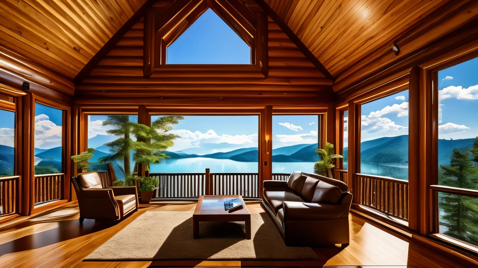 best quality, super fine, 16k, incredibly absurdres, extremely detailed, when you open the window of the lakeside log house, you can enjoy the breath of nature, panoramic wide view