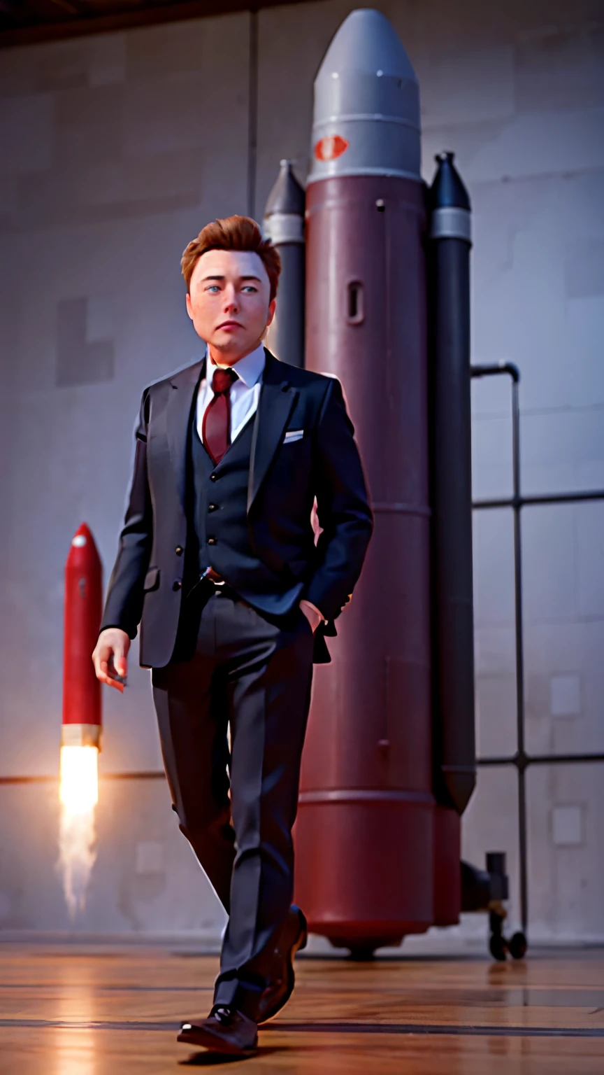 Believe Elon Musk dressed in a suit and behind him a rocket 
