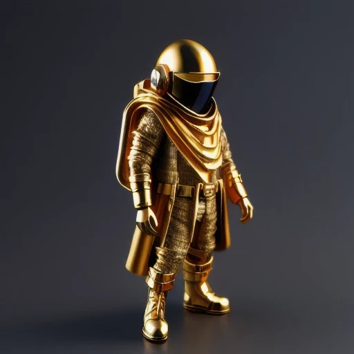 Brilliant Gold Diamond Maya Star, Burlap Cloak Mummy Hood Platinum Silk Cyberpunk Light Crossbow Space Station 1:500 miniature models, illustration, Side view, (Side view), Wear gold-rimmed reflective sunglasses, Carrying future weapons, very happy, Side view, whole body, 3d, (nautilus) octane rendering, perfect appearance, Collagen protein
