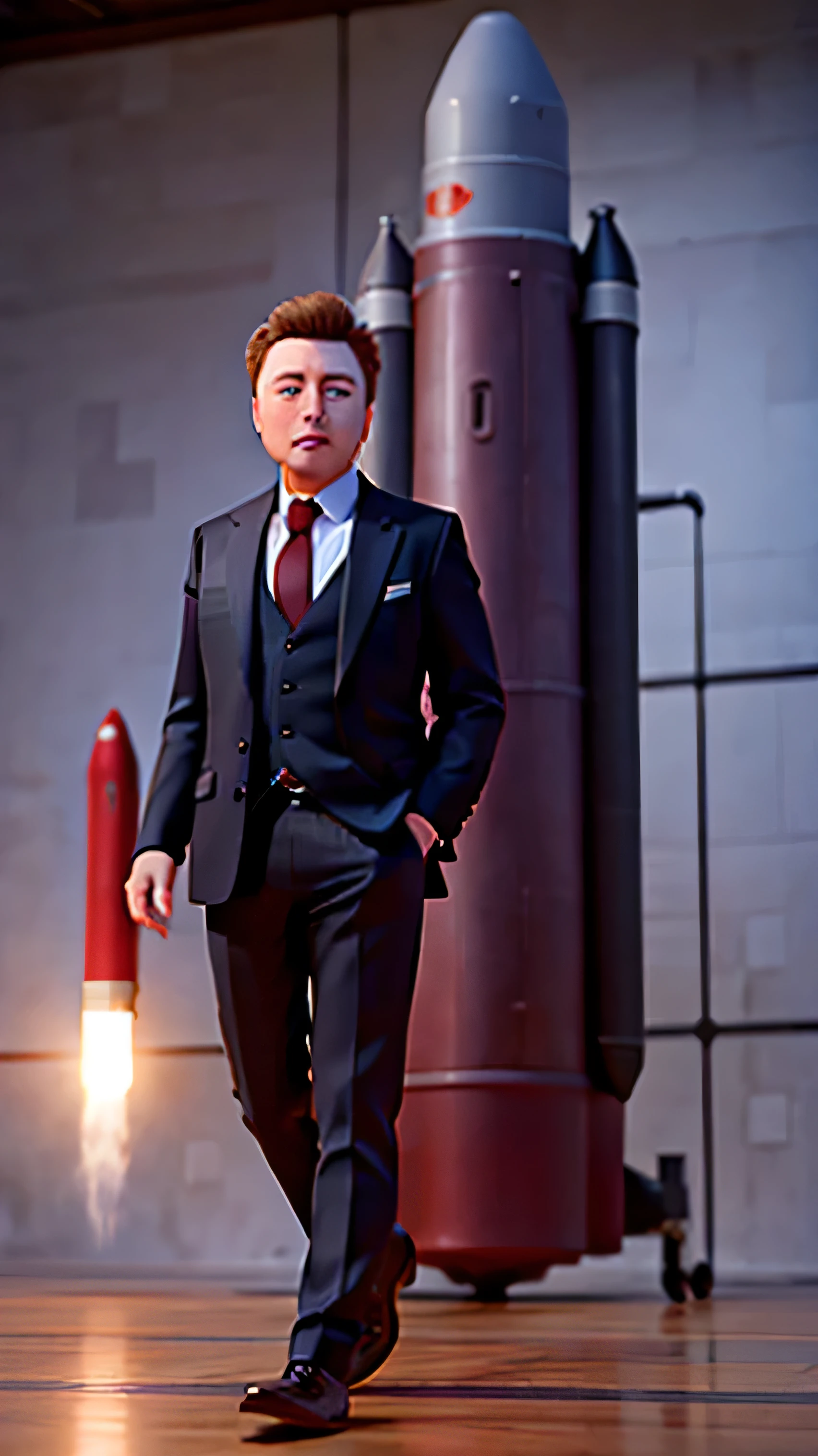 Believe Elon Musk dressed in a suit and behind him a rocket