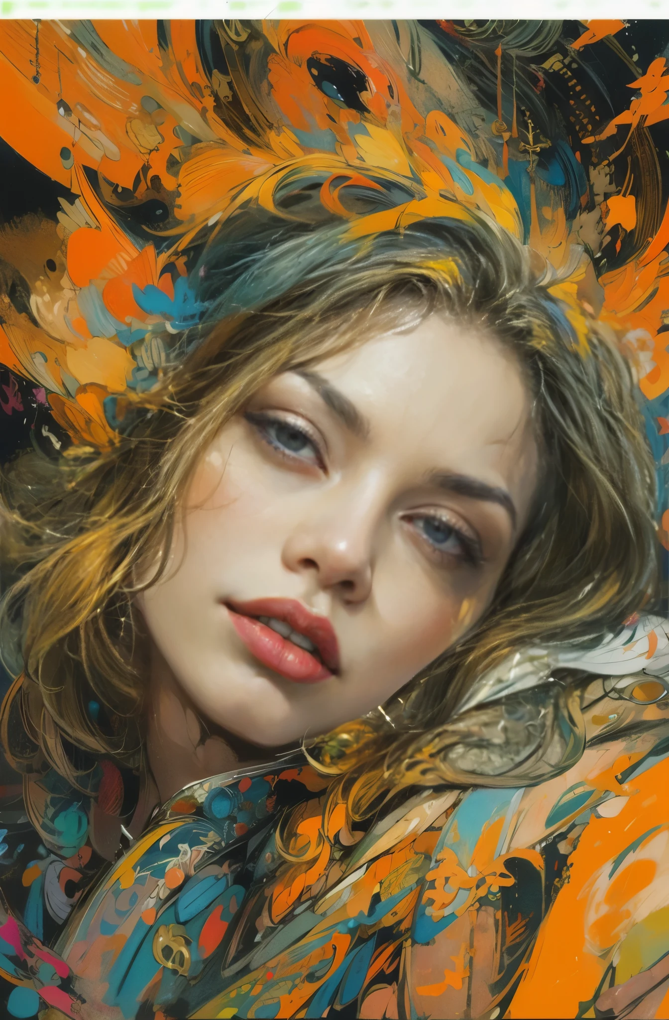 Painting of a woman in orange and yellow colors, Maureen O'Hara, pretty much beautiful face, Ultra-detailed paintings inspired by WLOP, Trending with ArtStation, fantasy art, intricate WLOP, art of WLOP, WLOP art, WLOP |, the style of WLOP, beautiful character drawings, WLOP painting style, WLOP | art germ, Unparalleled Beauty Tumbler, abstract art, The influence of Sylvia Pelissero, intense watercolor, watercolor detailed art, watercolor splash, surreal, avant-garde pop art, Beautiful and expressive paintings, Beautiful artwork illustration, very colorful tones, wonderful, cool beauty, master piece, highest quality, official art, women only, sharp outline, best shot, vector art, Written by Sandra Chevrier, dave mckean、By Richard Avedon、Written by Makiezi Kusiala, luminous design