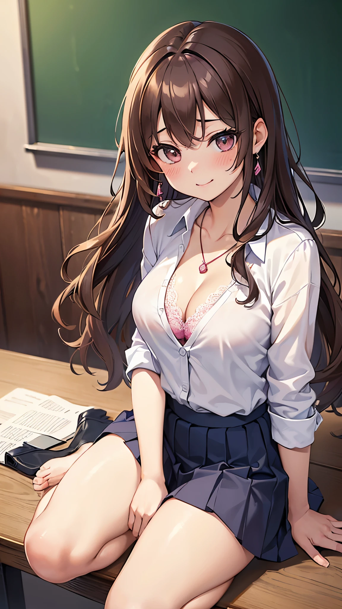 (table top, highest quality, High resolution, , perfect pixel, 4k,), 1 girl, single, alone, Beautiful woman、I could see the whole body、 ((Wavy mid-hair, bangs, brown hair)), ((brown eyes, beautiful eyelashes, realistic eyes)), ((detailed face, blush:1.2)), ((smooth texture:0.75, realistic texture:0.65, realistic:1.1, Anime CG style)), medium breasts, dynamic angle, perfect body, ((, female teacher, , white shirt, dark blue skirt, unbuttoned shirt、pink lace bra、necklace、big earrings、open both legs wide、get down on one knee)), 、shy smile、school classroom、evening、sit at desk、angle from below、(、lace panties)、