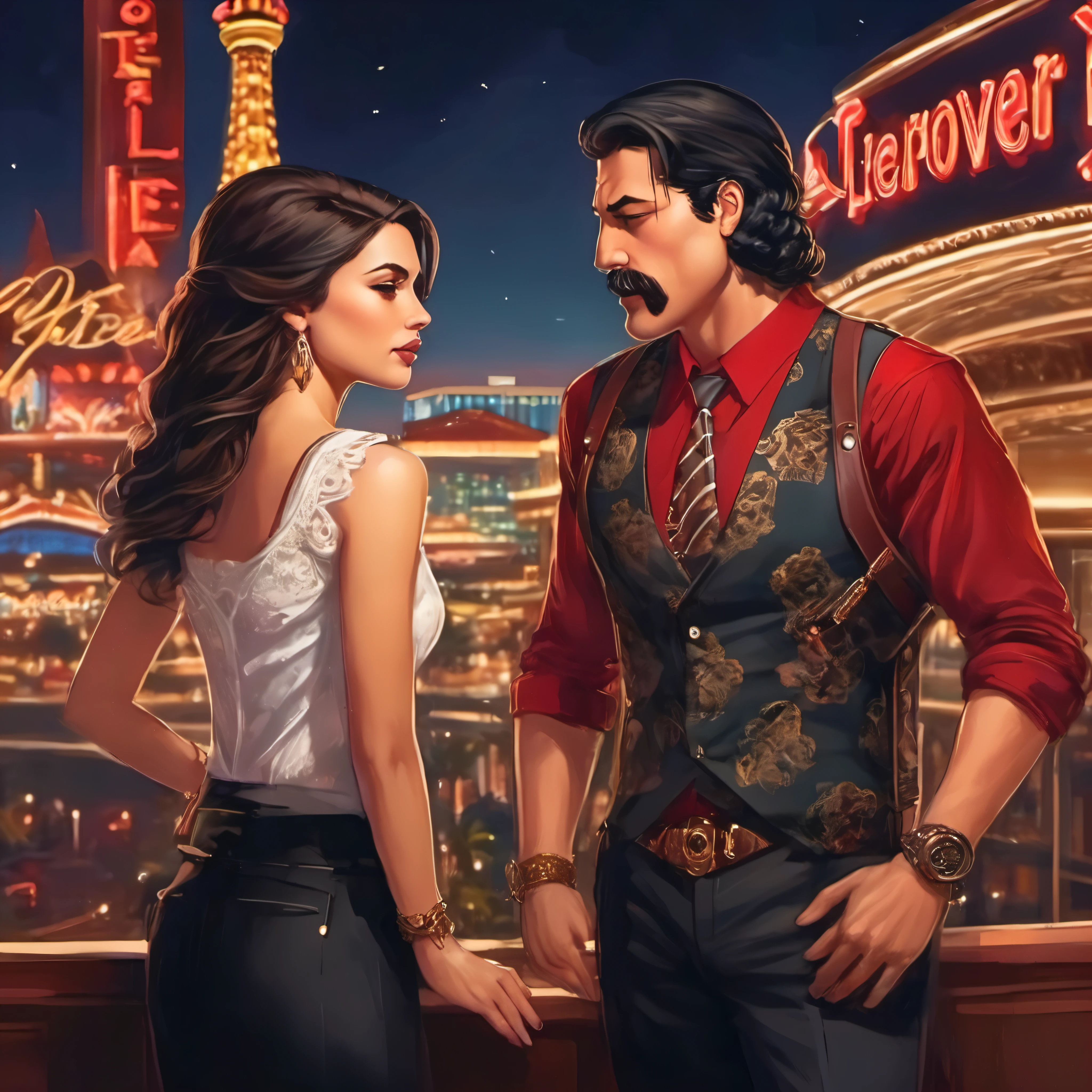 (obra maestra, Mejor calidad:1.2), 1 chico, thenahualli, serious, dangerous man, elegant, elegante, black vest, red shirt, standing, bodyguard of a long brown haired girl, bodyguard of a brunette girl with long hair, 1 girl, en terraza de hotel en Las Vegas, luxurious aambience , on a hotel terrace in Las Vegas, at night, de noche