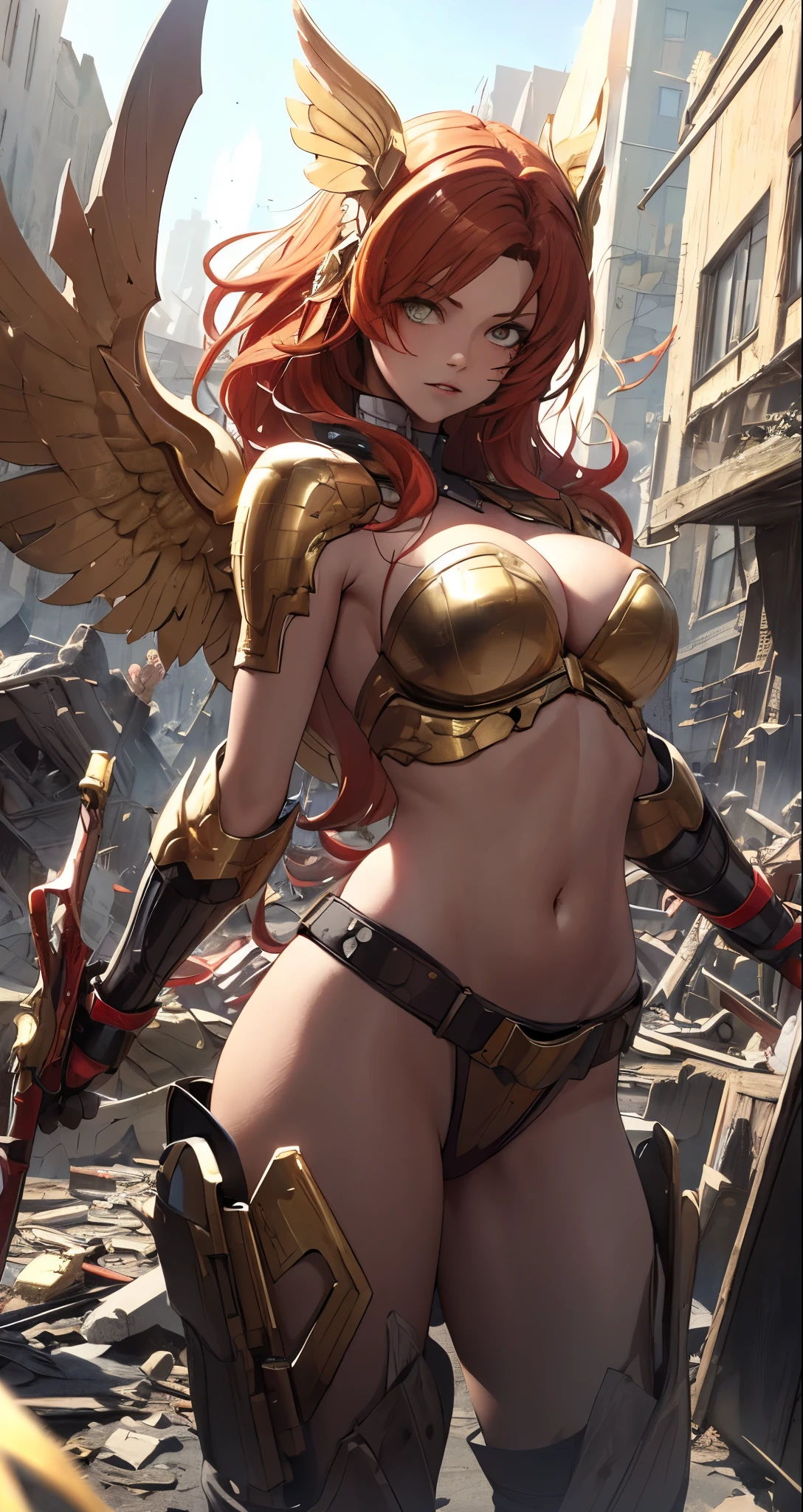 masterpiece, destroyed city detailed scenario, destroyed city detailed background, solo, woman, helmet with golden wings, red hair, Sexy pose