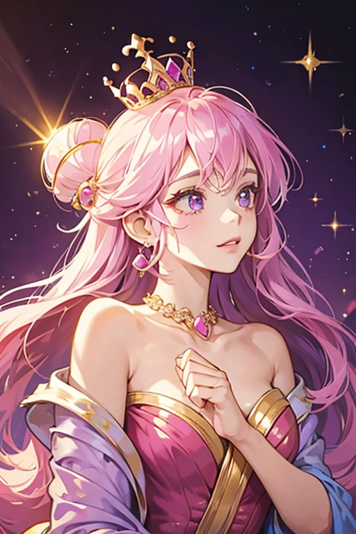 She wears a golden tiara with a magenta stone in it, similar to the tiaras of Princess Bubblegum, Slime Princess, and Princess Princess Princess' monster head. She does not seem to have any clothes on, and her purple veins are visible through her skin. She also has a pink, jelly-like bubble surrounding her body. SPARKLE; GLITTER
