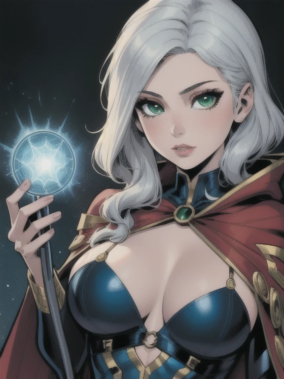 Portrait, Masterpiece, Excellent, 1girl, solo, complex details, color diffusion, comic book, anime, marvel, DC, close-up, pale skin, sensual body, silver hair, green eyes, sensual attire, mage attire, robes, Oracle, elegant, Sci-Fi, Fantasy