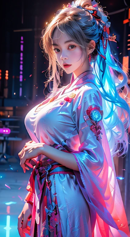 1 girl solo, perfect_hand, (8K, original photo, best quality, masterpiece:1.2), (actual, photo-actual:1.4), (extremely detailed CG unity 8K wallpaper),whole body, (neon lights), Machop, 機械hand臂, hanfu, Chinese clothes, skirt,beautiful breasts、huge breasts:1.4