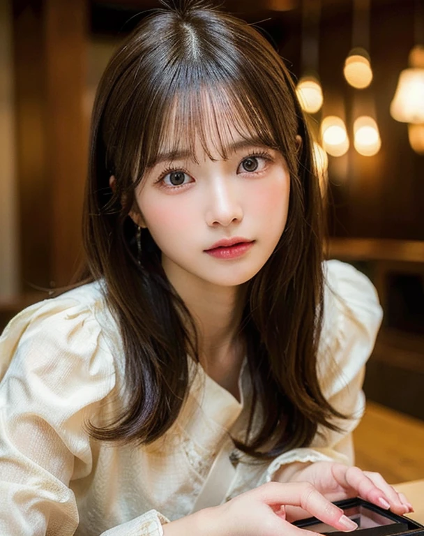 highest quality, face focus, soft light, ultra high resolution, (realistic:1.4), Raw photo,
1 Japanese girl, alone, cute, (pupil, There&#39;s a light in my eyes),  detailed beautiful face, (small box),(High resolution details of human skin texture),
(long hair),
indoor,
damask shirt dress,
(portrait)