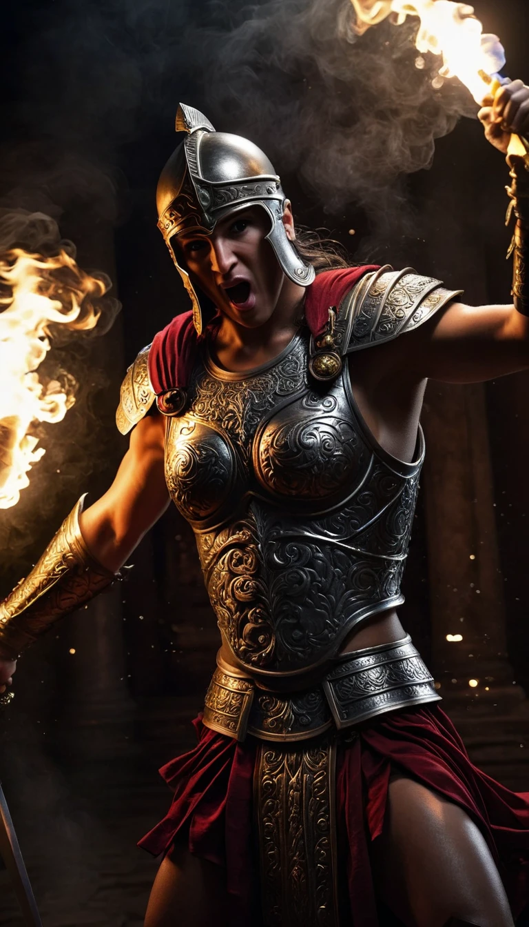 A dramatic illustration inspired by the Roman conquest, featuring the Huns seizing Roman treasures in a dark, atmospheric setting. The Huns, depicted in intricate detail with fierce expressions and elaborate armor, stand triumphantly among glittering Roman artifacts. The scene is painted in a chiaroscuro style, emphasizing the contrast between light and shadow, enhancing the tension and drama of the moment, background dark, hyper realistic, ultra detailed hyper realistic, photorealistic, Studio Lighting, reflections, dynamic pose, Cinematic, Color Grading, Photography, Shot on 50mm lens, Ultra-Wide Angle, Depth of Field, hyper-detailed, beautifully color, 8k