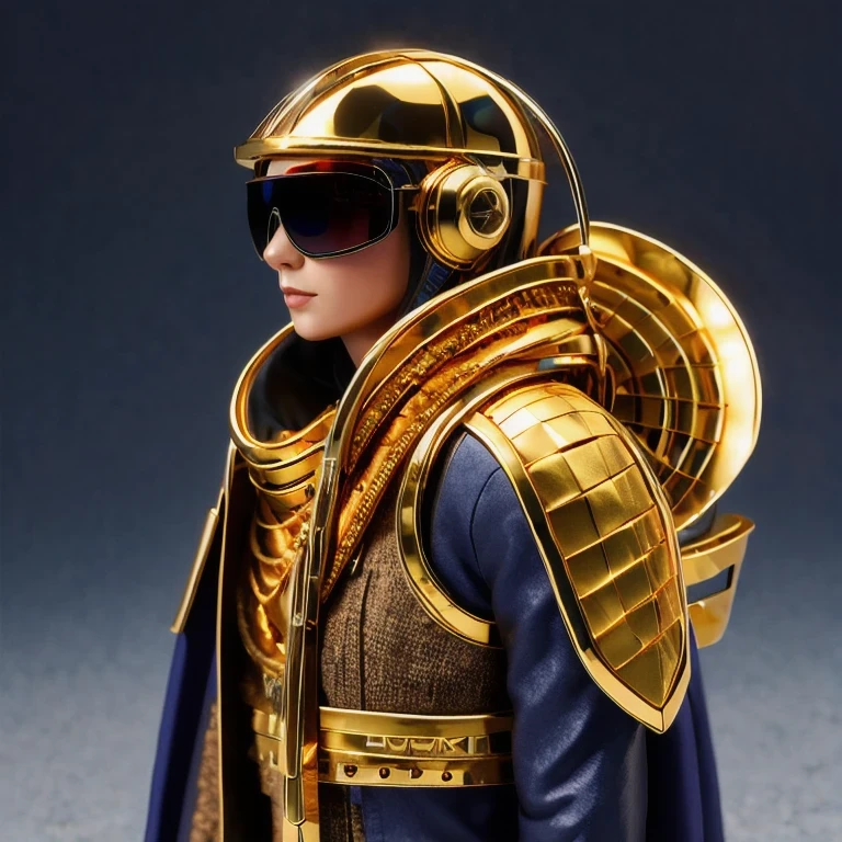 Brilliant Gold Diamond Maya Star, Burlap Cloak Mummy Hood Platinum Silk Cyberpunk Light Crossbow Space Station 1:500 miniature models, illustration, Side view, (Side view), Wear gold-rimmed reflective sunglasses, Carrying future weapons, very happy, Side view, whole body, 3d, (nautilus) octane rendering, perfect appearance, Collagen protein