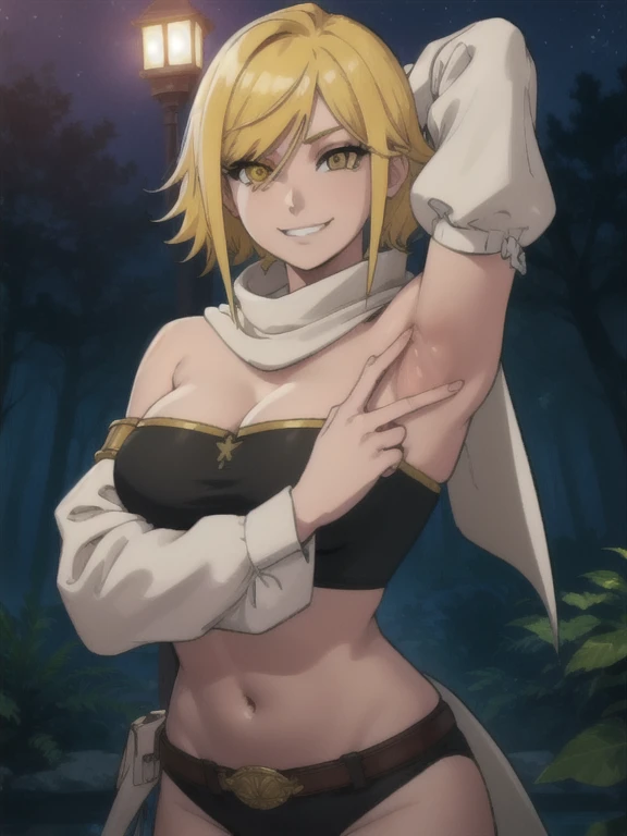 agkleone, leone, blonde hair, (yellow eyes:1.3), (swept bangs:1.5), sidelocks, short hair,
BREAK scarf, white scarf, crop top, detached sleeves, bare shoulders, belt, 1girl, navel, cleavage, underwear, panties, midriff, black panties,
smile, solo, night sky, forest, arms behind head, contrapposto, spread armpits, grin,
BREAK looking at viewer, upper body,
BREAK (masterpiece:1.2), best quality, high resolution, unity 8k wallpaper, (illustration:0.8), (beautiful detailed eyes:1.6), extremely detailed face, perfect lighting, extremely detailed CG, (perfect hands, perfect anatomy),