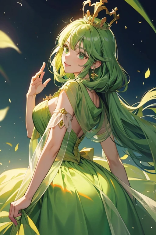 Emerald Princess. She is one of the very few characters in the series to have a nose. She wears a green dress with a yellow-green part and has a large emerald as a crown on her head. Like her dress color, her skin is green. She also appears to be wearing a hood or shawl, although this may be her hair or part of her crown. She has a particularly large posterior, but that may be a fold in her dress.