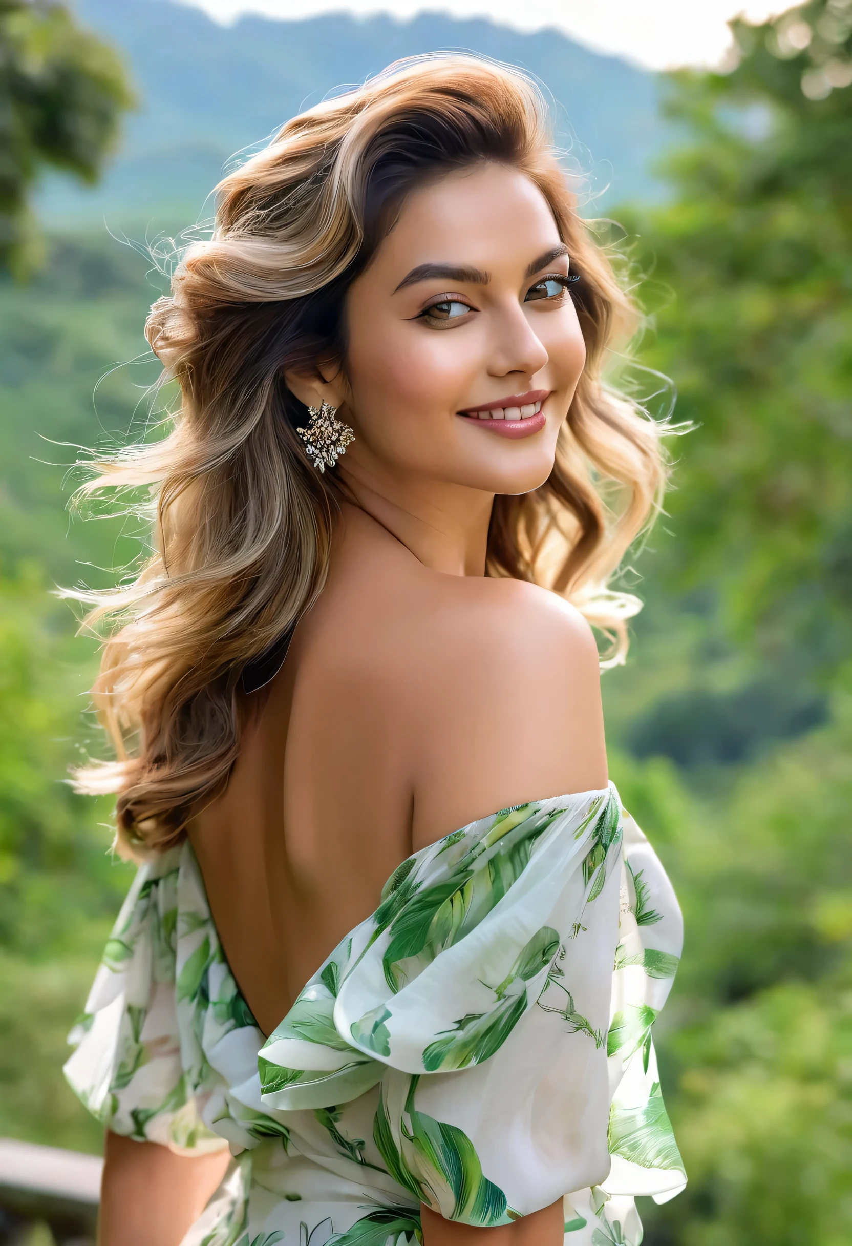 A stunning 30-year-old woman radiates elegance and confidence, her sculpted figure highlighted by a gorgeous low-cut blouse. In the background beautiful green nature scenery. Her silky hair cascades over her shoulders, framing an angelic face adorned with lively eyes and a captivating smile. The low-cut blouse subtly reveals her delicate collarbone, while the soft curves of her body convey an aura of femininity and grace. Her haughty bearing and graceful posture reflect her self-confidence and natural charm. This woman enchants everyone with her radiant beauty and impeccable style, a true muse in any setting.
