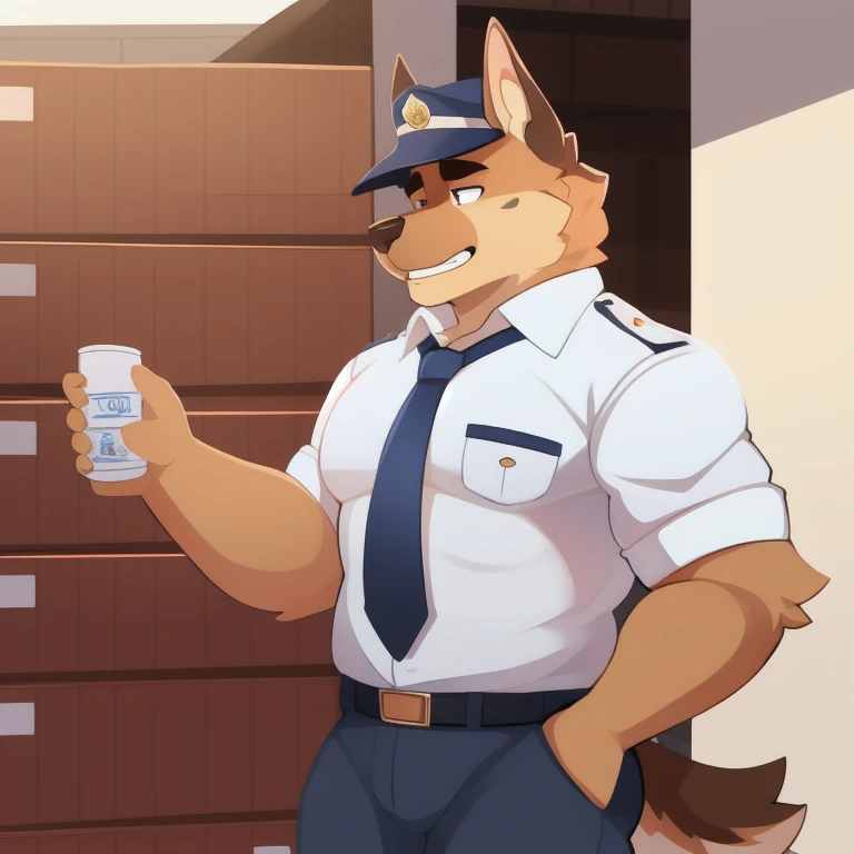 Drawn by bigcozyorca , German shepherd security guard, white or light blue uniform, black necktie, white police uniform, security guard hat, security guard, guarding in front of a warehouse, male sexy guy, hot male furry German shepherd guard, serious expression, alone, solo, mid-day, fixed eyes, masculine 