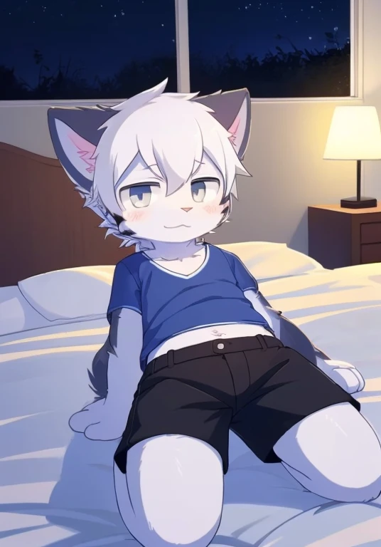 A short man with pure white hair　Short Hair　Has white cat ears and a tail　Pure white cat ears　Straight cat tail　Brown eyes　The pupils become hearts　Round and pretty eyes　Shota　cute　Gay　He is wearing a white polo shirt and a grey blazer over it.　The grey blazer has a grey collar　The buttons on the blazer are gold　She has a blue ribbon on her chest.　Clothed sex　nude　imprisonment　見知らぬ剛毛な全裸の男達がMore than one person集まって性行為をします　penis　semen　stickiness　In bed at home(Lying in bed)　Delicate home background　Anal Sex　Gang rape　Pleasure　Close your eyes and cry　Frowning　drunkenness　Excessive sweating　Intense ejaculation　Clear ergonomics　Being creampied　Blushing　orgasm　gang rape　More than one person　High resolution