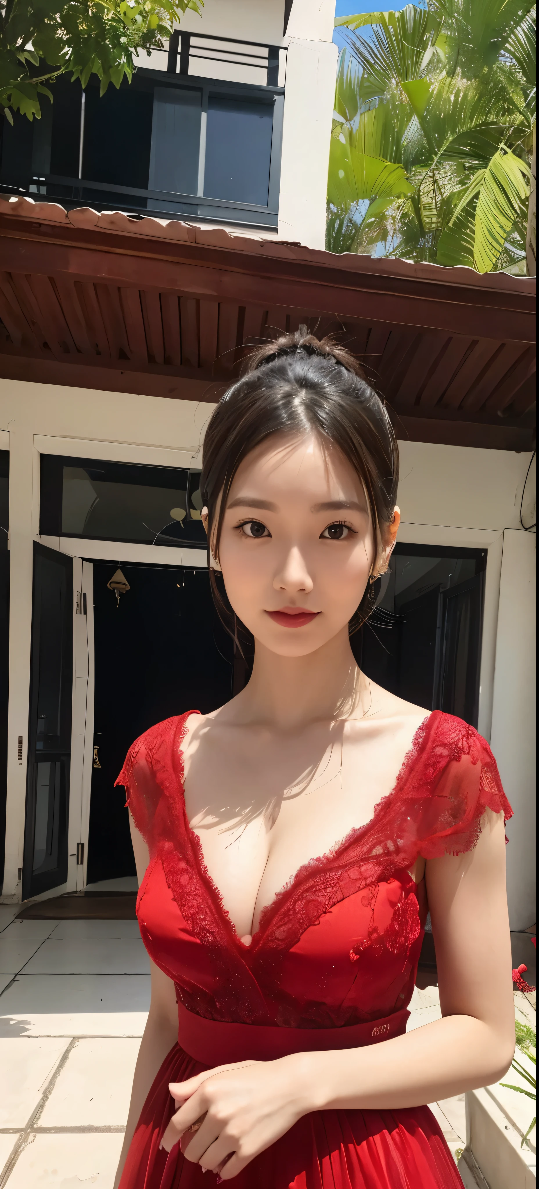 1girl,baiyi,large ,red lips,smile,ponytail,realistic, 1 girl, indonesian girl, 23 years old, (black hair super-long 1 meters), (very beautiful face, very sweet, sharp eyes like an angel from heaven ), (beautiful hair), actress, smile, shiny skin, best quality, masterpiece, (photorealistic:1.4), terrace seating, asian, indonesian, jakarta, denim long skirt (realistic fabric), white short sleeves (cotton fabric), (no logo), thin fingers, a woman in a red dress posing for a picture in a courtyard, a picture by Emma Andijewska, tumblr, tachisme, sexy go opened dress, wearing an elegant dress, fantasy long intricate gown, sexy dressressed beautiful gown, red gown, wearing a magnificent dress, dressed in red lace, translucent dress, extravagant dress, see through dress