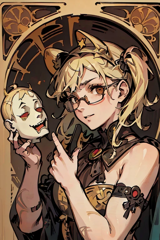 (masterpiece), (High resolution), (super delicate),,(Horror elements), face up,((Alphonse Mucha 1.5))K Blonde、Clown makeup、glasses
