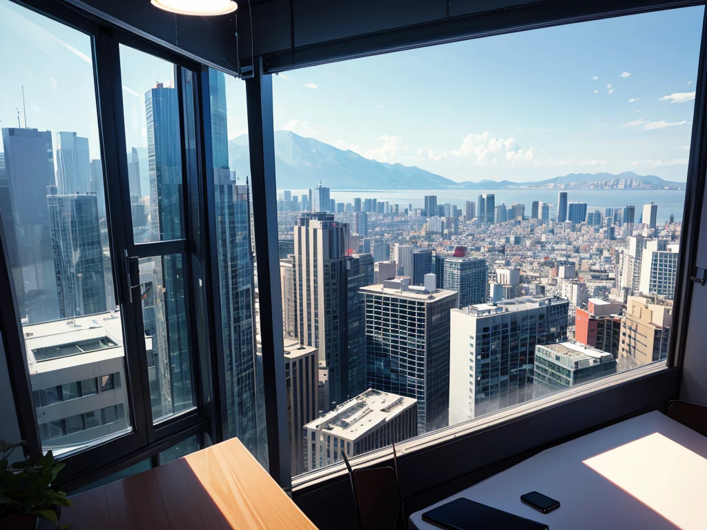 The View Outside the Window,city,office,ultra-detailed,sharp focus,aesthetic,(best quality)