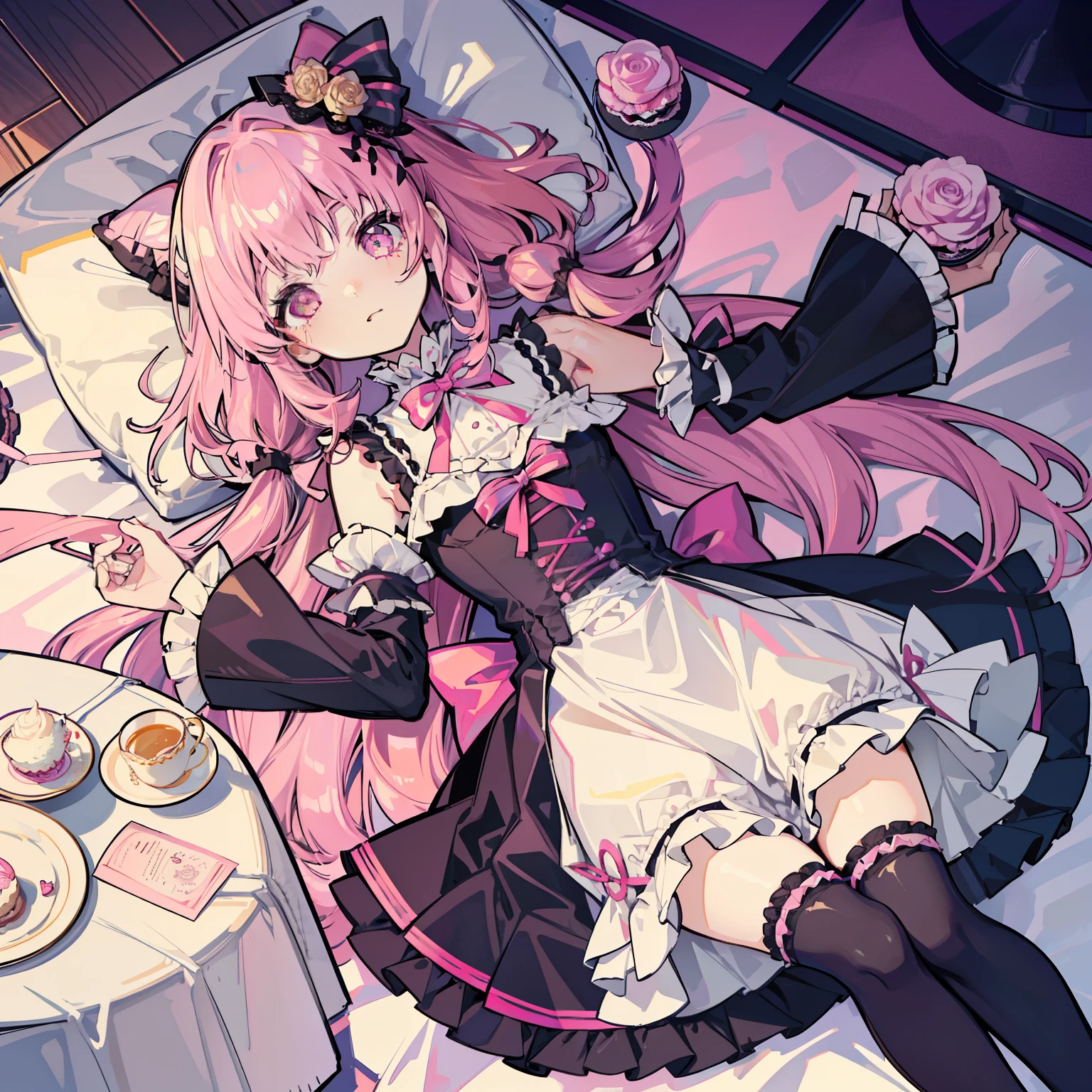 table top,very detailed,1 girl,alone,pink hair、wavy hair、long hair,pink eyes,,sunglasses,black socks,sit at desk、Pink motif、lolita、Fine writing、Lots of small ribbons、No expression、straight face、incredibly cute、Black and pink hair、view from above、Girl Like a Doll、goth dress、bulging dress、pannier、black and pink dress、lolitaドレス、extreme details, Lolita fashion, frills, complex and gorgeous, gloves, Afternoon tea, lace hair ornament, curly hair, Macaron, cream, colorful、Long string ribbon、long socks、丸いテーブルの上でOn your backに寝る、big table、White tablecloth、A girl lies on a tablecloth、On your back、Pink roses lying on the table、On your backの少女、sexual behavior