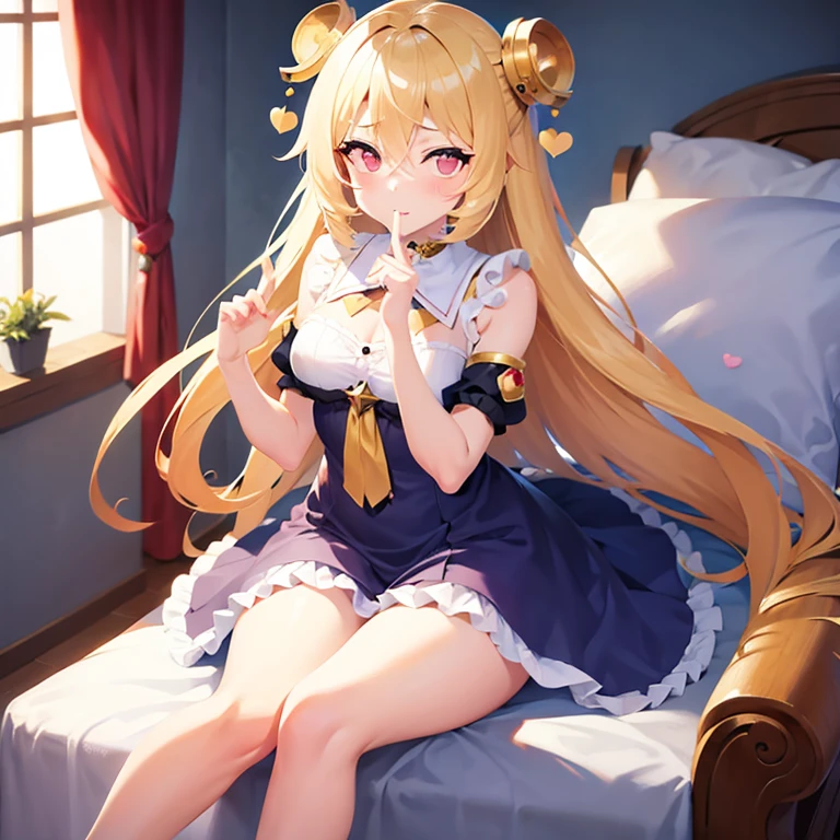 ((1girl)), (kawaii style:1.6), (((Cybele from Kamihime Project))), sitting on bedroom, looking happily