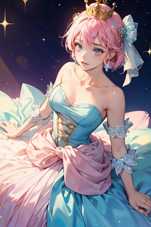 She has a gold ring on her head with a blue gem on top as her crown. She has light blue skin and short pink hair. She wears a white strapless bridesmaid dress that reaches the ground. She also wears a big purple bow on the dress around her waist. SPARKLE; GLITTER