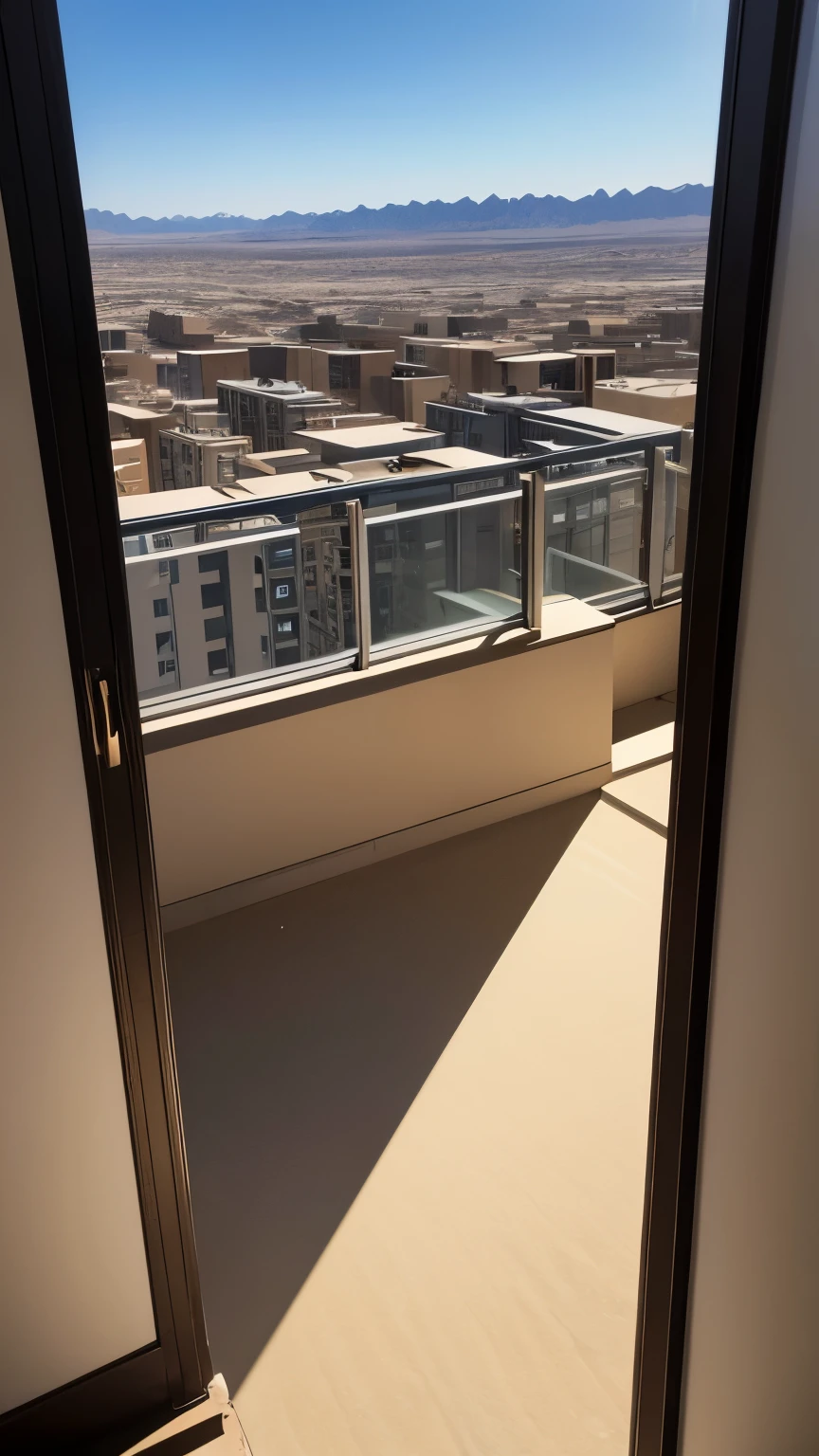 best quality, super fine, 16k, incredibly absurdres, extremely detailed, the view from the window of a room on the top floor of a high-rise apartment building, the bare desert land