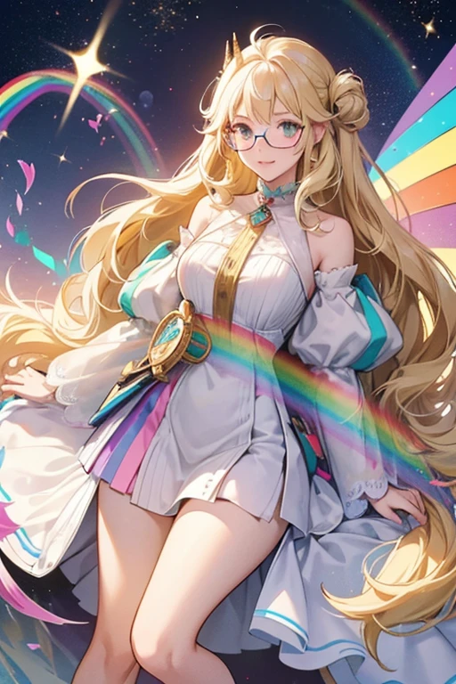 She is a female Rainicorn with a long body, longer than Lady's. She has horizontal stripes with rainbow colors, a white horn, and light-blonde hair. She wears glasses with thick, round lenses due to poor vision. She also wears a universal translator device. SPARKLE; GLITTER