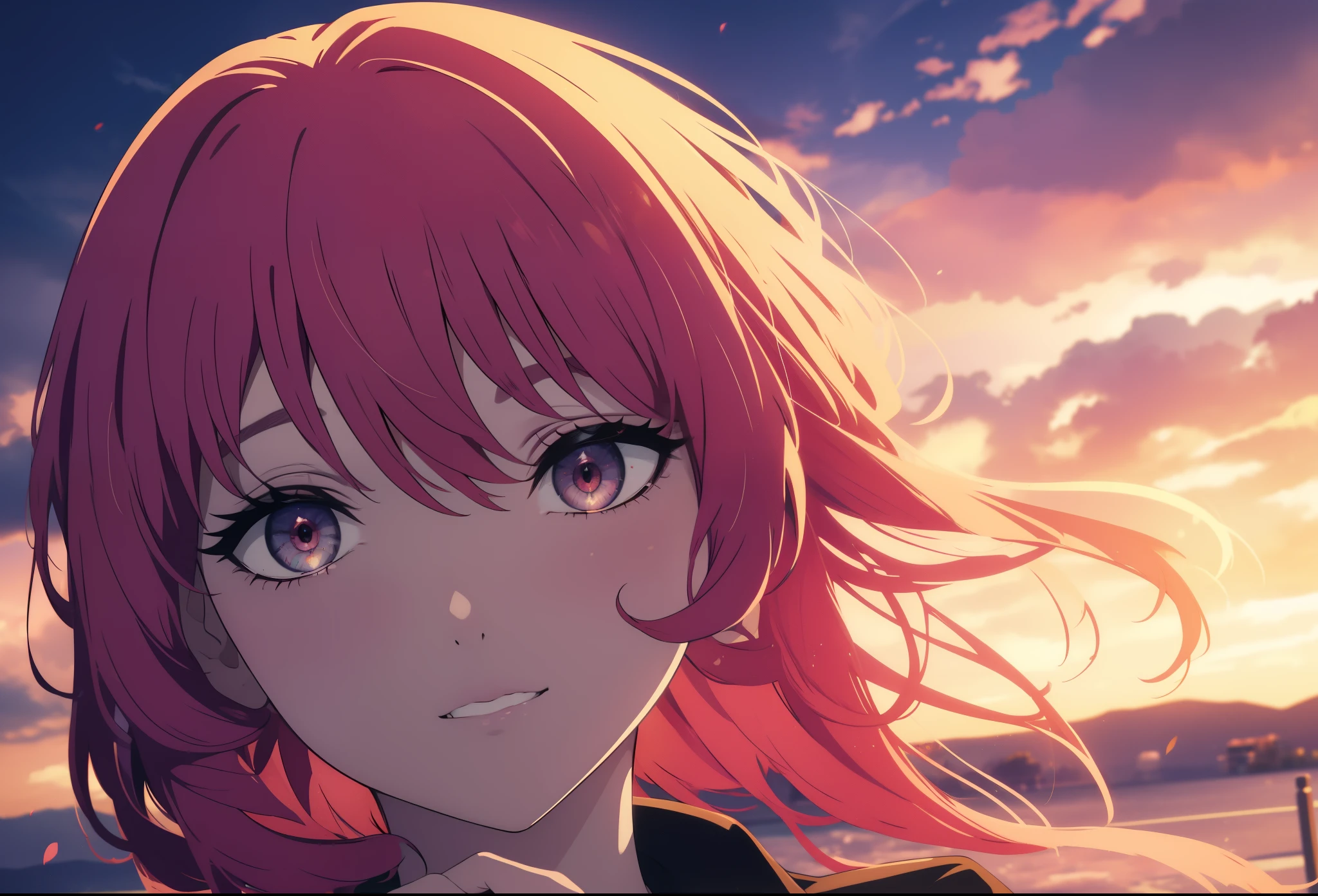 Obra maestra, La mejor calidad, ultrahigh resolution, 1girl, looking at viewer, standing, upper body, red hair, beautiful face, outside, wind blowing, detailed face, eyeliner, detailed red gradient eyes, shiny red eyes, black pupils, , face focus, pretty smile, happy
