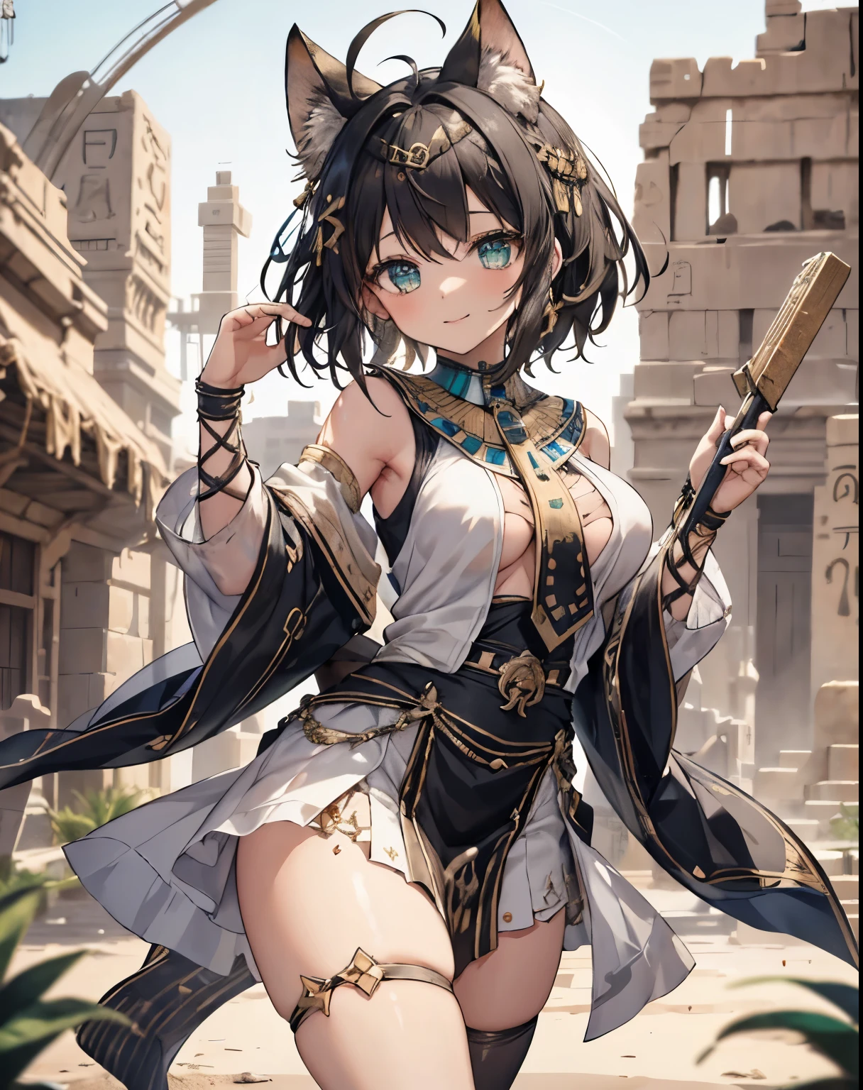 masterpiece, 1girl, sparrow, a black haired girl, wearing a egyptian clothes, curly medium hair, messy hair, slim body, he close her left eye, shirt ornament, aqua eyes, sho show her back, ahoge, white vest, baby face, big breast, beautiful breasts, rounded breasts, braid hair, long sleeves, beautiful eyes, white stocking, droopy eyes, her age is 19 years old, smile, egyptian clothes, cat ears