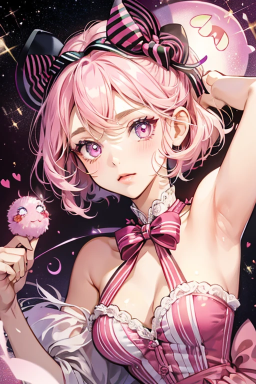 Erin is a light-pink caterpillar, with a magenta striped-pattern. Her eyes are very large and shiny, and she has three thin black eyelashes on the top of each eye. She has a big scarlet bow on her head. However, in some scenes, the bow appears pink. SPARKLE; GLITTER
