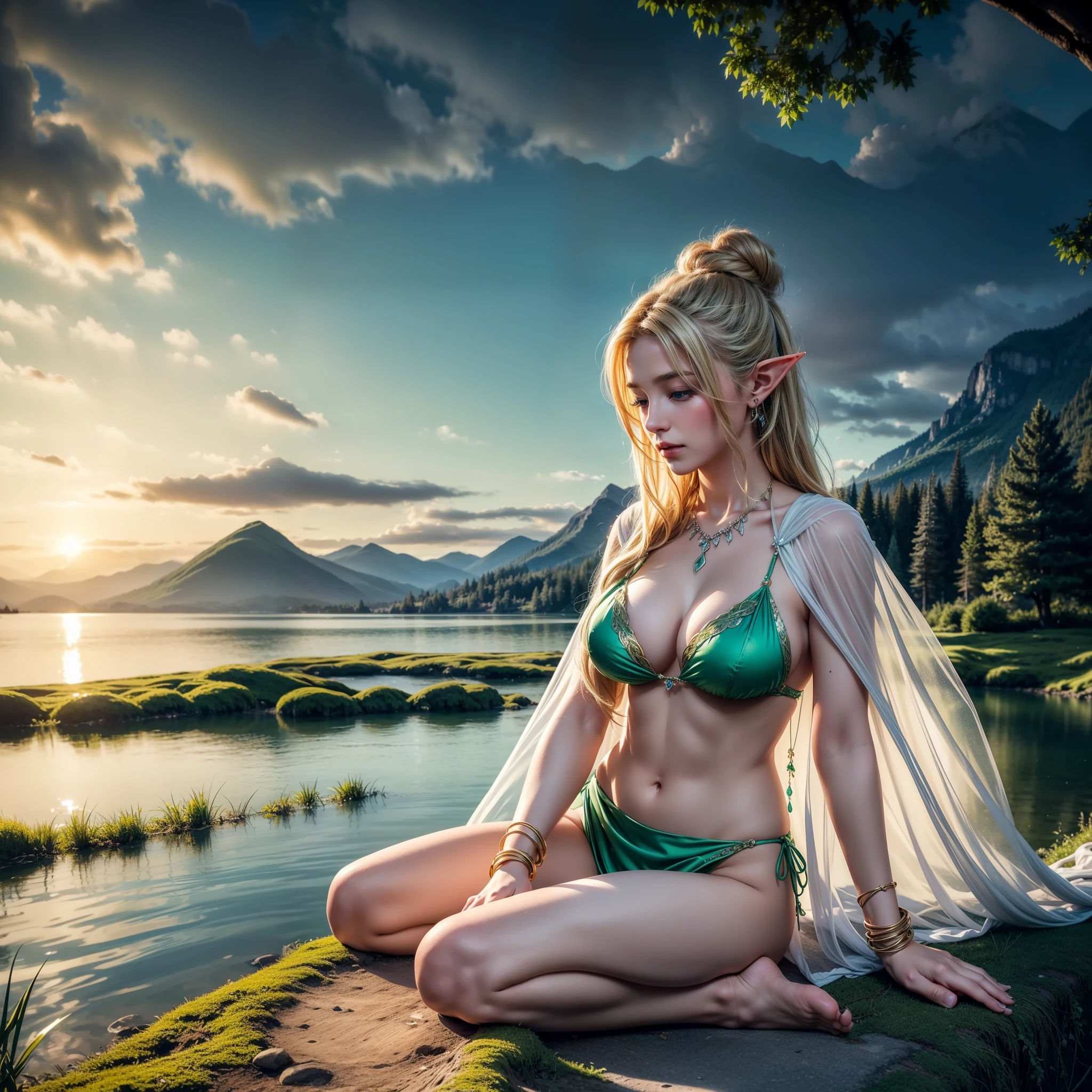 A blonde elf, with flowing blonde hair, full breasts, full lips, thick thighs, wearing a bun, wearing a bikini and a thin transparent silk cape, barefoot, wearing bracelets, earrings, necklaces, is sitting on the edge of a lake, green forest , and in the background there are mountains and trees and woods with scattered clouds above in the sky, sensual forest elf, beautiful ancient elven goddess of the woods enchanting, a beautiful and hyperrealistic sensual elf princess, photorealistic beauty of the forest lady in intricate details.