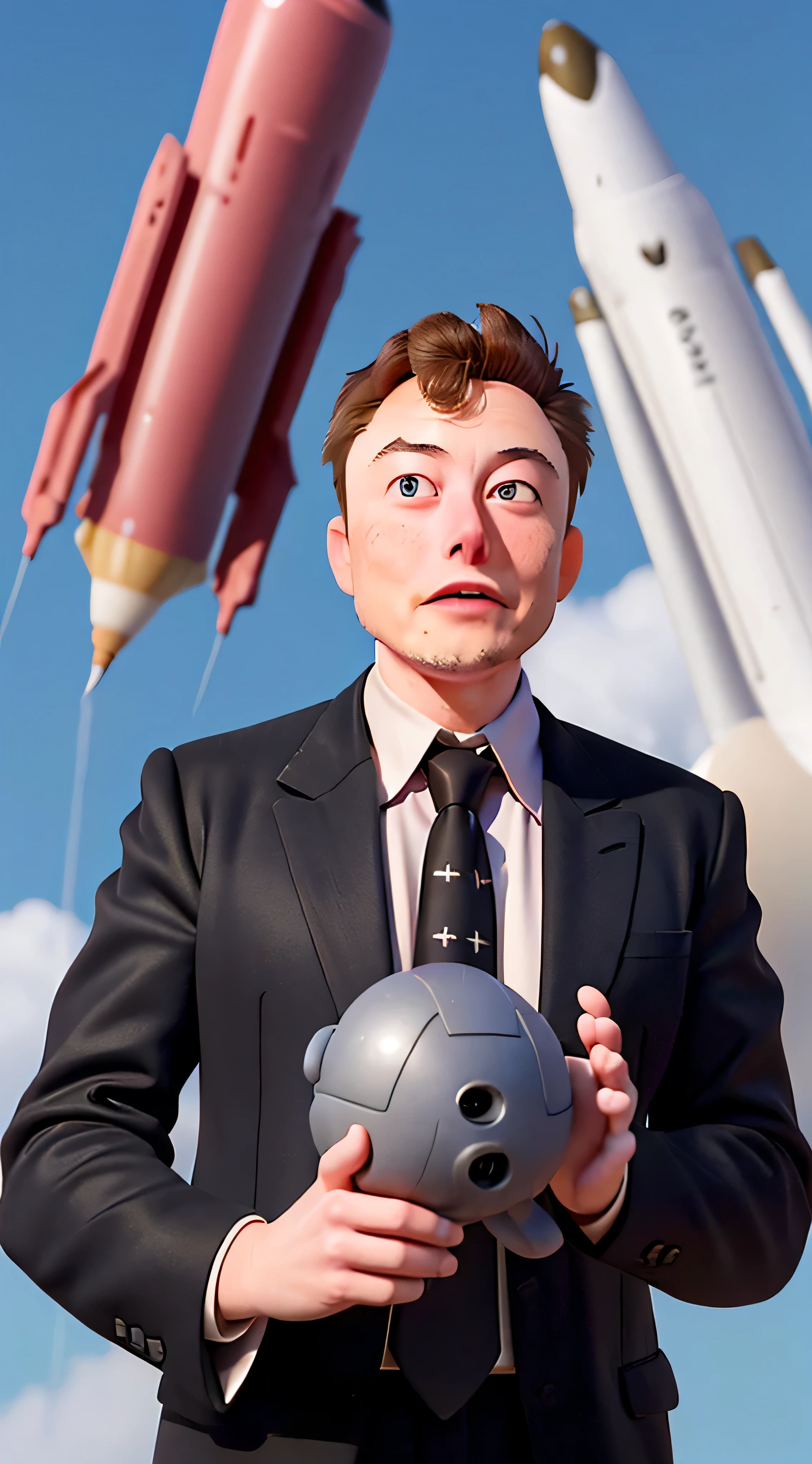 Believe Elon Musk dressed in a suit and with a rocket behind him, he tries to give the best possible detail to his face so that it can be seen in the foreground