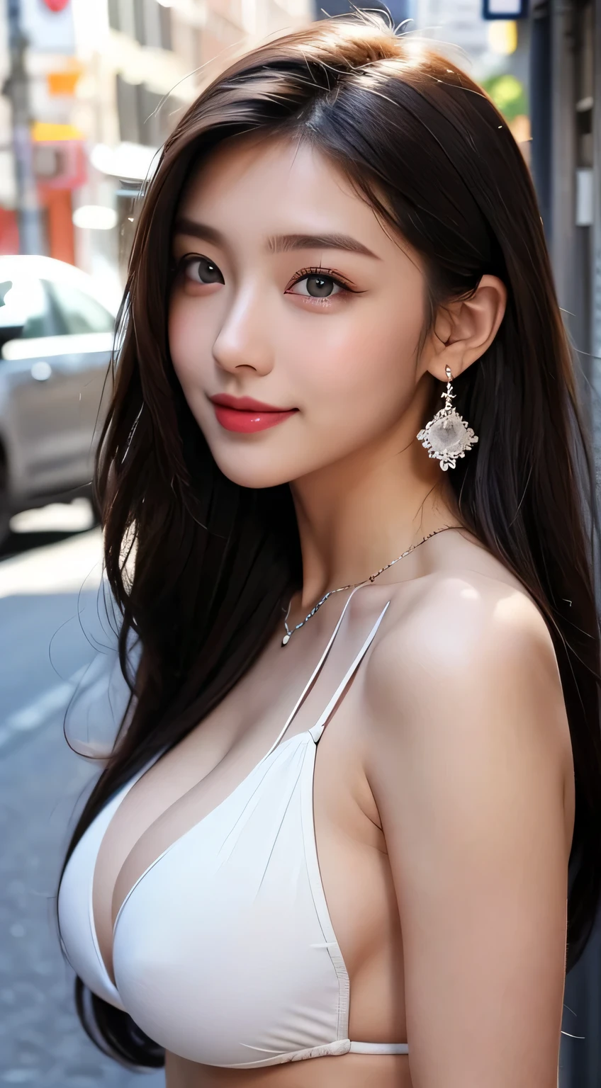 Urban beautiful girl college student, masterpiece, light makeup, red lips, silver hair, messy long hair, street background, beautiful,Clear and delicate face,elegant. super fine details, master works, authentic texture, daytime,under the sun, perfect job, 16K, hd, exquisite features,blue eyes、Beautiful delicate eyes,japanese idol、Beautiful Face、cute smile、brown hair、beautiful hair、glamorous、 big breasts、erect nipples、Oily muscle、shiny skin、tanned skin、Black glowing skin、pool,Wearing a sexy bikini,Oily muscles shining in the sunlight、perfect body, bright big eyes, smooth skin, earrings, necklace, tattoo