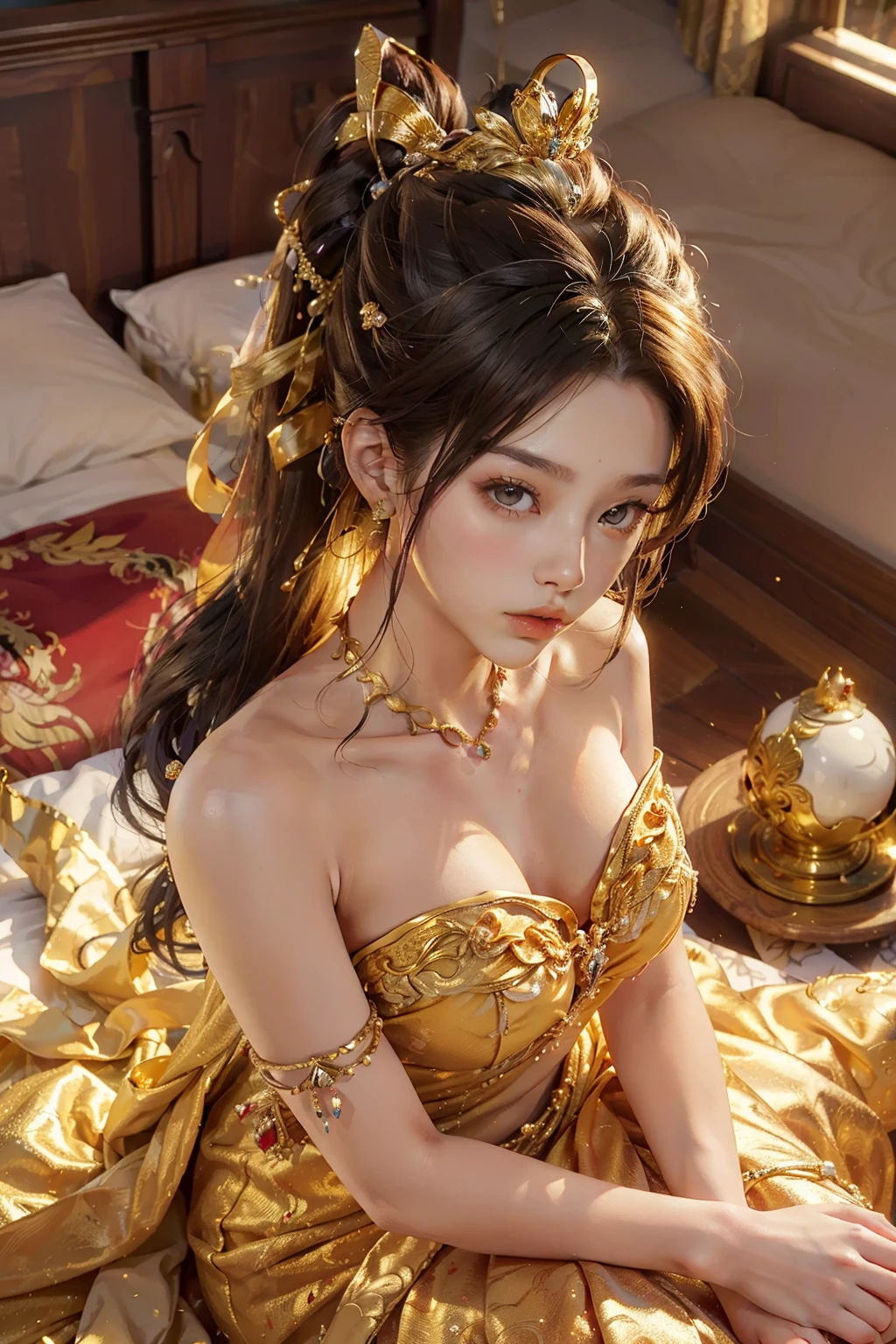 ((best quality)), ((masterpiece)), (detailed), perfect face, pretty face, beautiful female, beautiful body, expensive dress, gold dress, party dress, royal dress, golden crown, golden accessories, royal mistress, lay on the bed, angle from above, ponytail, perfect body