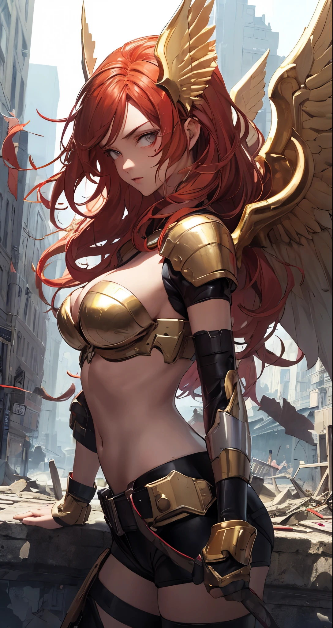 masterpiece, destroyed city detailed scenario, destroyed city detailed background, solo, woman, helmet with golden wings, red hair, Sexy pose