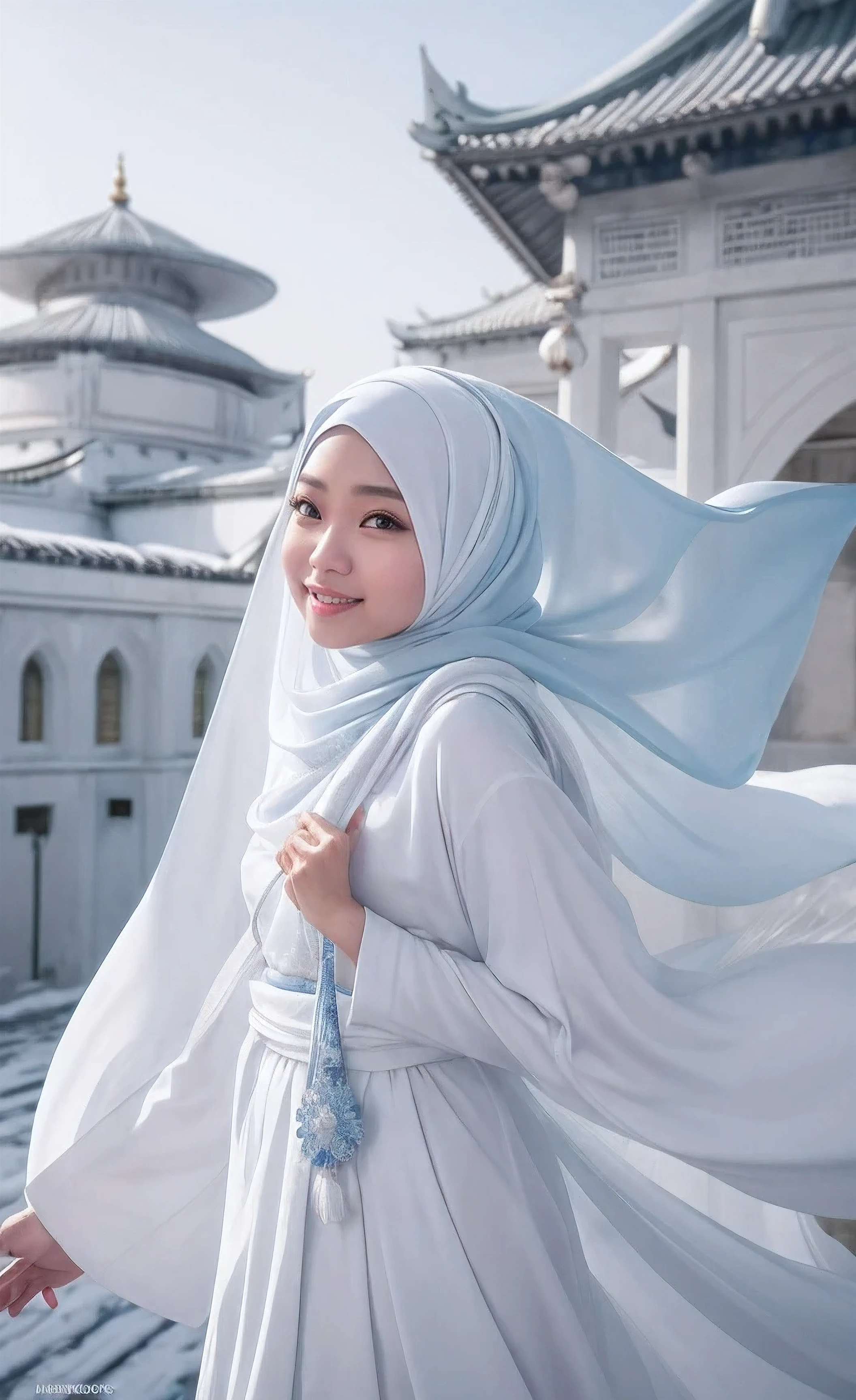 Best quality, 4K picture quality, 1 malay girl in hijab, white Hanfu, snow, long hijab fluttering in the wind, healing smile, large aperture, blurred background, blue mosque in background, lot of white birds flying above, 35mm, Over-the-shoulder shot, vibrant color grading, light leaks, starbursts, epic fantasy