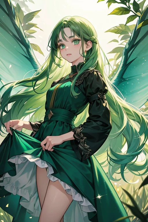 She has light-teal skin and very long green hair. She has emerald-colored eyes which lead to her thin black eyebrows that curl upwards. Like many fairies, she doesn't wear any shoes. She wears a dark green dress with some leaves and berries and has two pairs of turquoise wings. SPARKLE; GLITTER
