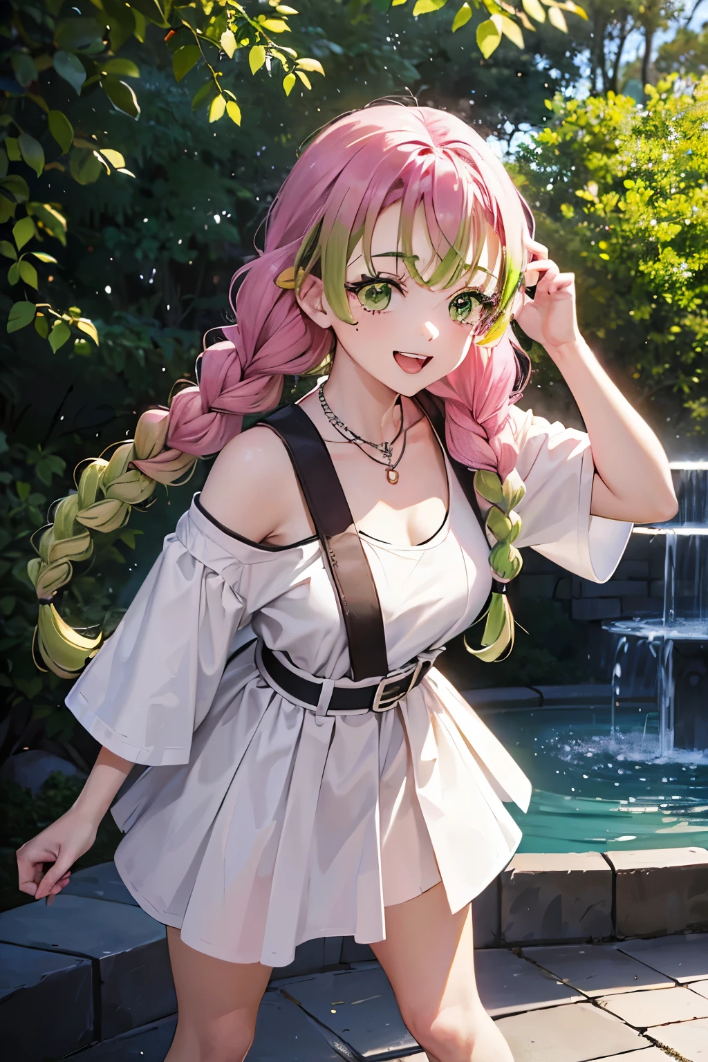 ((masterpiece:1.3, highly detailed:1.3, highres:1.1, best quality, HD)),((park view, trees, fountain, )),((smiling face, open mouth,biting teeth, closing eyeitsuri kanroji, braid, gradient hair, (green eyes:1.5), green hair, long hair, mole, mole under eye, multicolored hair, pink hair, twin braids, two-tone hair)),((white and black Off the shoulder, white Babydoll, brown belt, short sleeves, small necklace)),((large breasts))
