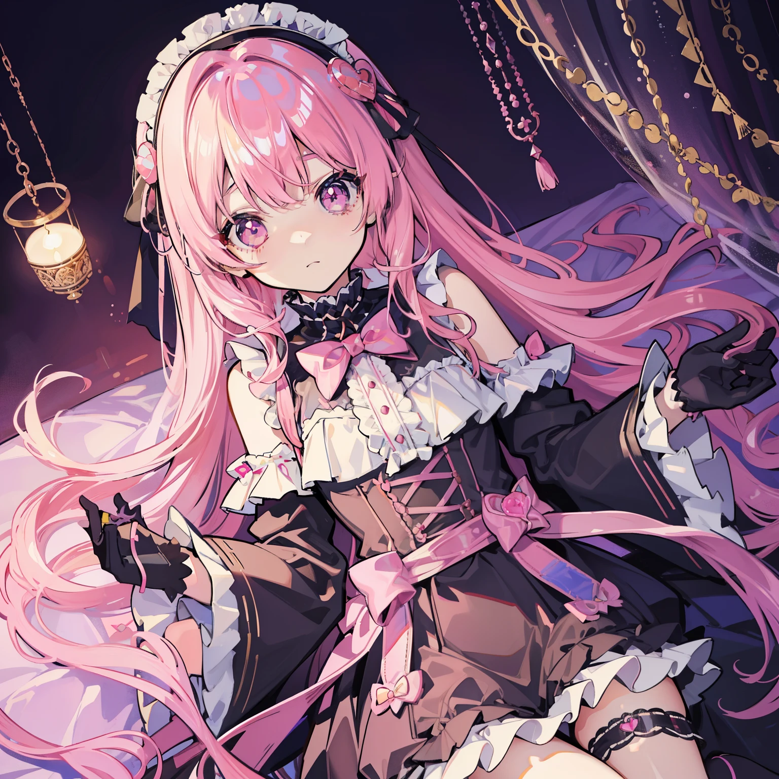 tableトップ,very detailed,1 girl,alone,pink hair、wavy hair、long hair,pink eyes,black socks、Pink motif、lolita、Fine writing、Lots of small ribbons、No expression、straight face、incredibly cute、Black and pink hair、view from above、Girl Like a Doll、goth  dress、bulging dress、pannier、black and pink dress、lolitaドレス、extreme details, Lolita fashion, frills, complex and gorgeous, gloves, Afternoon tea, lace hair ornament, curly hair, Macaron, cream, colorful、Long string ribbon、long socks、丸いtableの上でOn your backに寝る、大きなtable、白いtableクロス、少女がtableクロスの上に寝転がる、On your back、ピンクの薔薇がtableの上に落ちている、On your backの少女、sexual behavior、丸いtableの上にOn your backになる少女、table