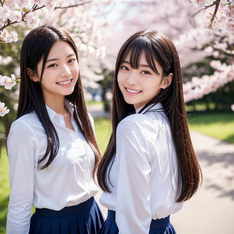 The eyes of a beautiful Japanese teenage girl, wearing the girl's  designated by her Japanese high school, look back at her and smile as her classmates walk along a row of cherry blossom trees in full bloom. Focal length 100mmf/2.8, spring morning, slightly cloudy weather, cherry blossom trees in a busy park, cherry blossom viewing with classmates, well-shaped features, long black hair, friendly smile, clear skin, toned body, The female  specified by a Japanese high school, a white long-sleeved blouse and a navy blue skirt, close-up facial expressions, realism, 8K image quality, and the highest quality.