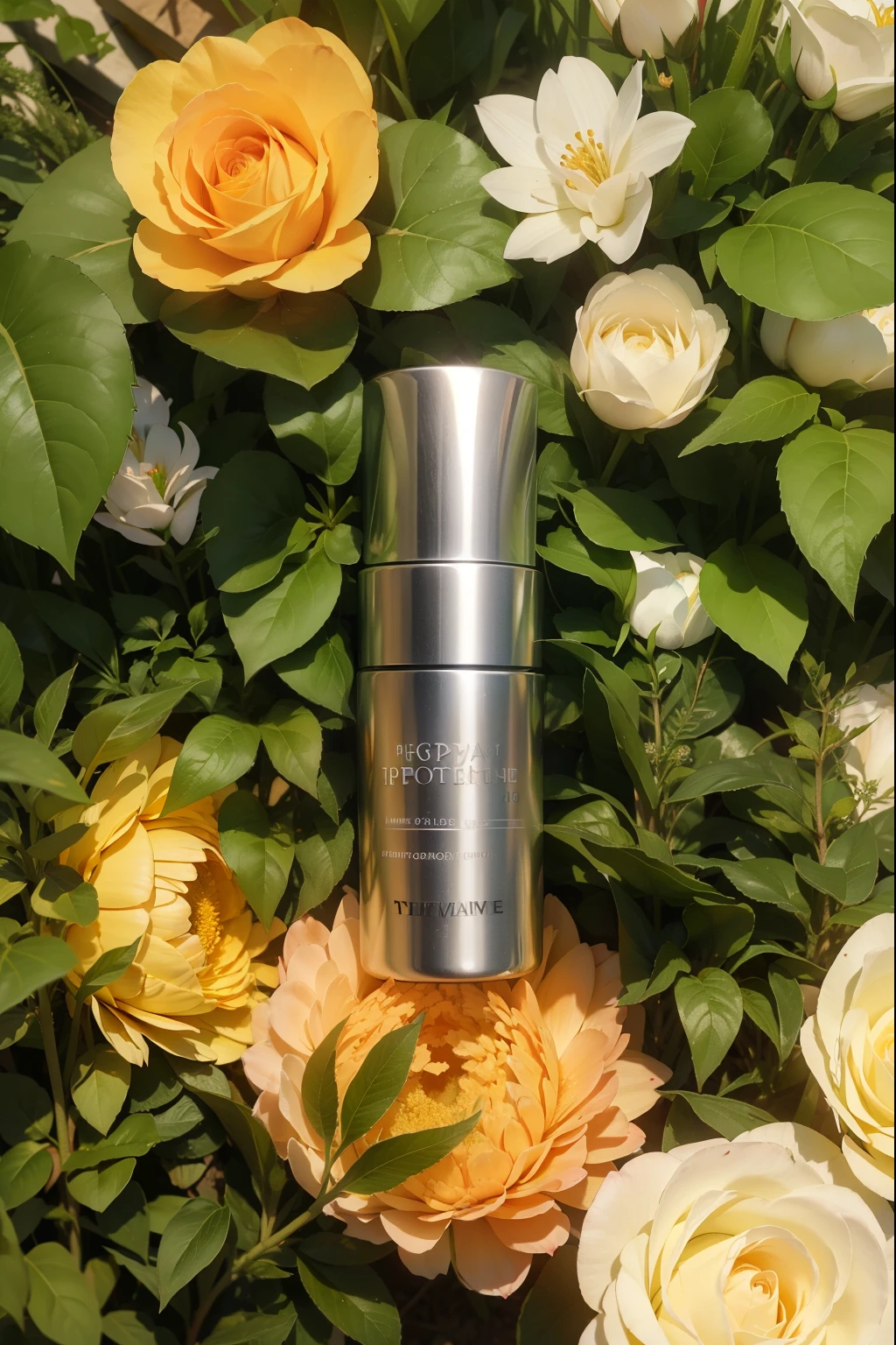 A bottle of vitamin-rich eye cream lies on a flower bed, 专业Product photography, 完整Product photography, Dramatic product shots, Professional product photos, marvelous, lush scenery, &quot;organic, very Award-winning, Award-winning, Award-winning, Photo shoot for skin care brand, Product photography, Official product photos, High quality product image”