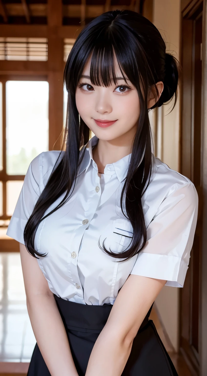 (highest quality,masterpiece:1.3,ultra high resolution,),(Super detailed,caustics),(Photoreal:1.4,RAW shooting,)ultra-realistic capture,very detailed,High resolution 16K human skin close-up。 natural skin texture、,The pores are、、、、Must be detailed enough to be easily identified。 Skin should look even-toned and healthy。 Use natural light and color,restaurant,waitress uniform,1 girl,Japanese,18-year-old,cute,black haired,ponytail,big breasts,smile,turn your body forward,(Front view:1.1),look at the camera,cowboy shot,