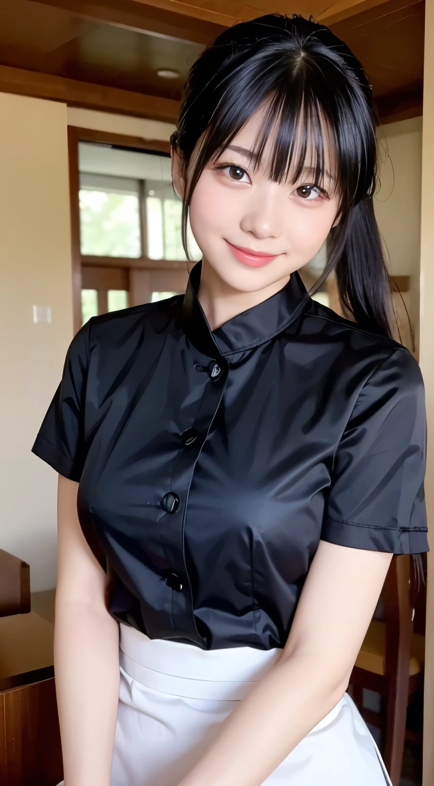 (highest quality,masterpiece:1.3,ultra high resolution,),(Super detailed,caustics),(Photoreal:1.4,RAW shooting,)ultra-realistic capture,very detailed,High resolution 16K human skin close-up。 natural skin texture、,The pores are、、、、Must be detailed enough to be easily identified。 Skin should look even-toned and healthy。 Use natural light and color,restaurant,waitress uniform,1 girl,Japanese,18-year-old,cute,black haired,ponytail,big breasts,smile,turn your body forward,(Front view:1.1),look at the camera,cowboy shot,