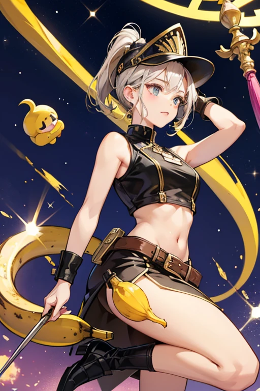 She appears as a normal Banana Guard, but with a gray studded helmet with the top shaped like a turkey leg. She also has a slightly different spear and has lumps . She seems to be slightly shorter than the regular Banana Guards and seems to be a little more competent, as she promptly arrests Banana Man for public indecency. She has a short bronze stick with two Infinity symbols and a gem on top. SPARKLE; GLITTER