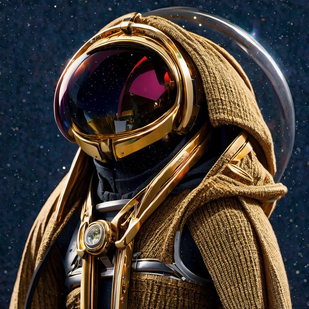 Red and White Brilliant Gold Diamond Maya Star, Burlap Cloak Mummy Hood Platinum Silk Cyberpunk Light Crossbow Space Station 1:500 miniature models, illustration, Side view, (Side view), Wear gold-rimmed reflective sunglasses, Carrying future weapons, very happy, Side view, whole body, 3d, (nautilus) octane rendering, perfect appearance, Collagen protein