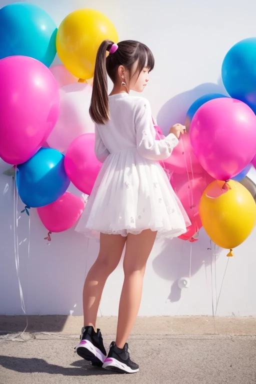 a 14 years old girl, ((having a lot of balloons)) , real photo, (((full body))), (looking back at me), twin tails, pink leather dress, 