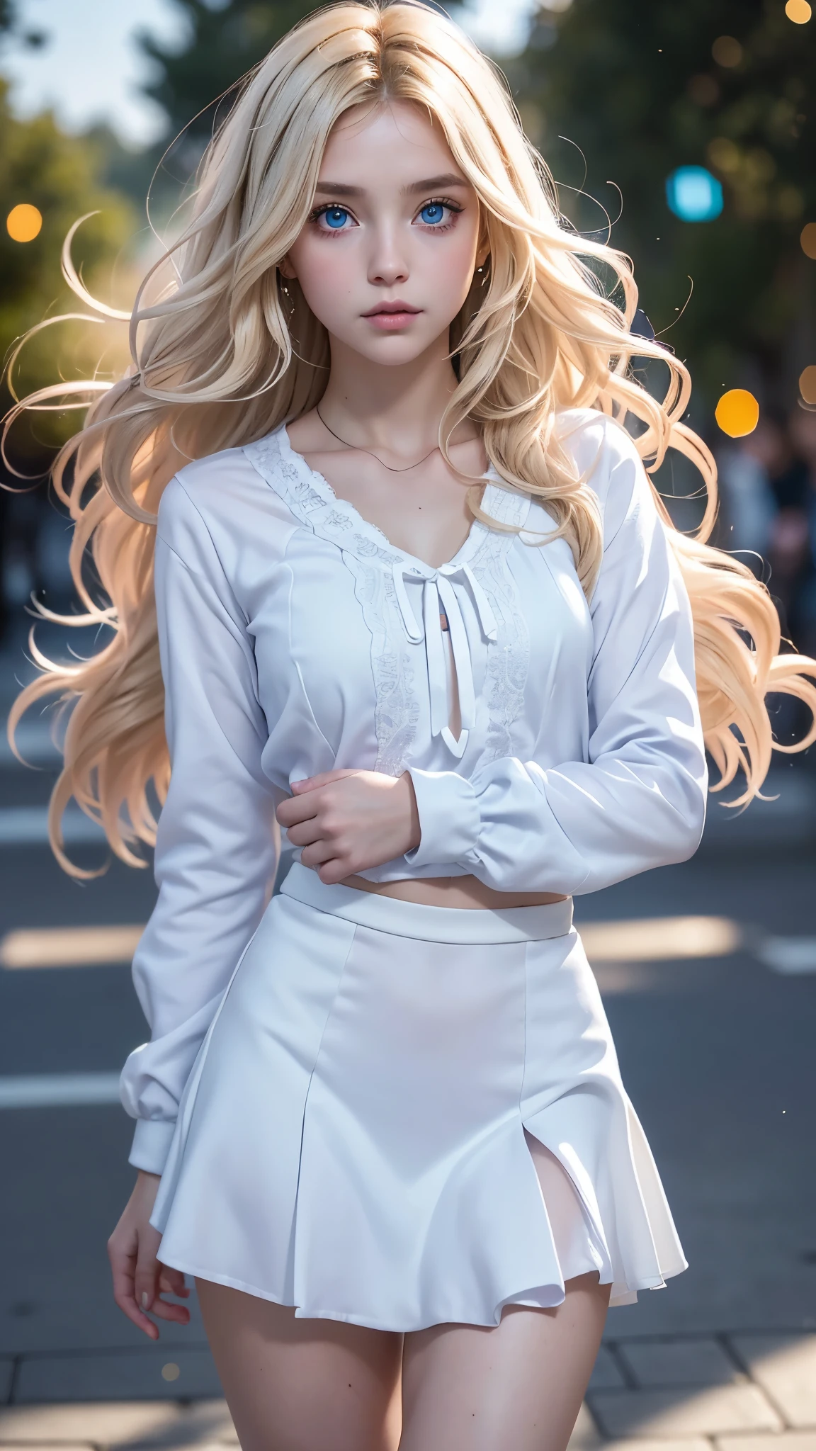 score_9, score_8_up, score_7_up, score_6_up, rating_explicit, 1girl, ((18YO:1.2)), Adult, full lips, big clear eyes, light blue eyes, ((blond hair:1)), (long wavy hair: 1.2),Una chica supergils 、rubor、mirada avergonzada、perfect anatomy、manos perfectas: 1.5, bob corto、small breasts、(((Traje marinero estudiante blanco、Minifalda estudiante plisada azul marino oscuro、Calcetines negros hasta la rodilla)))、((cabello despeinado por el viento、pelo despeinado、peinado roto))、(((El viento mueve mi falda:1.3、bragas blancas、lindo culo)))、centrarse en el trasero、professional lighting, film grain, chromatic aberration, (Detalles de ojos y rostro.:1.0), (bokeh:1.1)、software:1.5)))、 of the highest quality, 8K, ２０talento, (supergils :1.4), (supergils V2.1) 